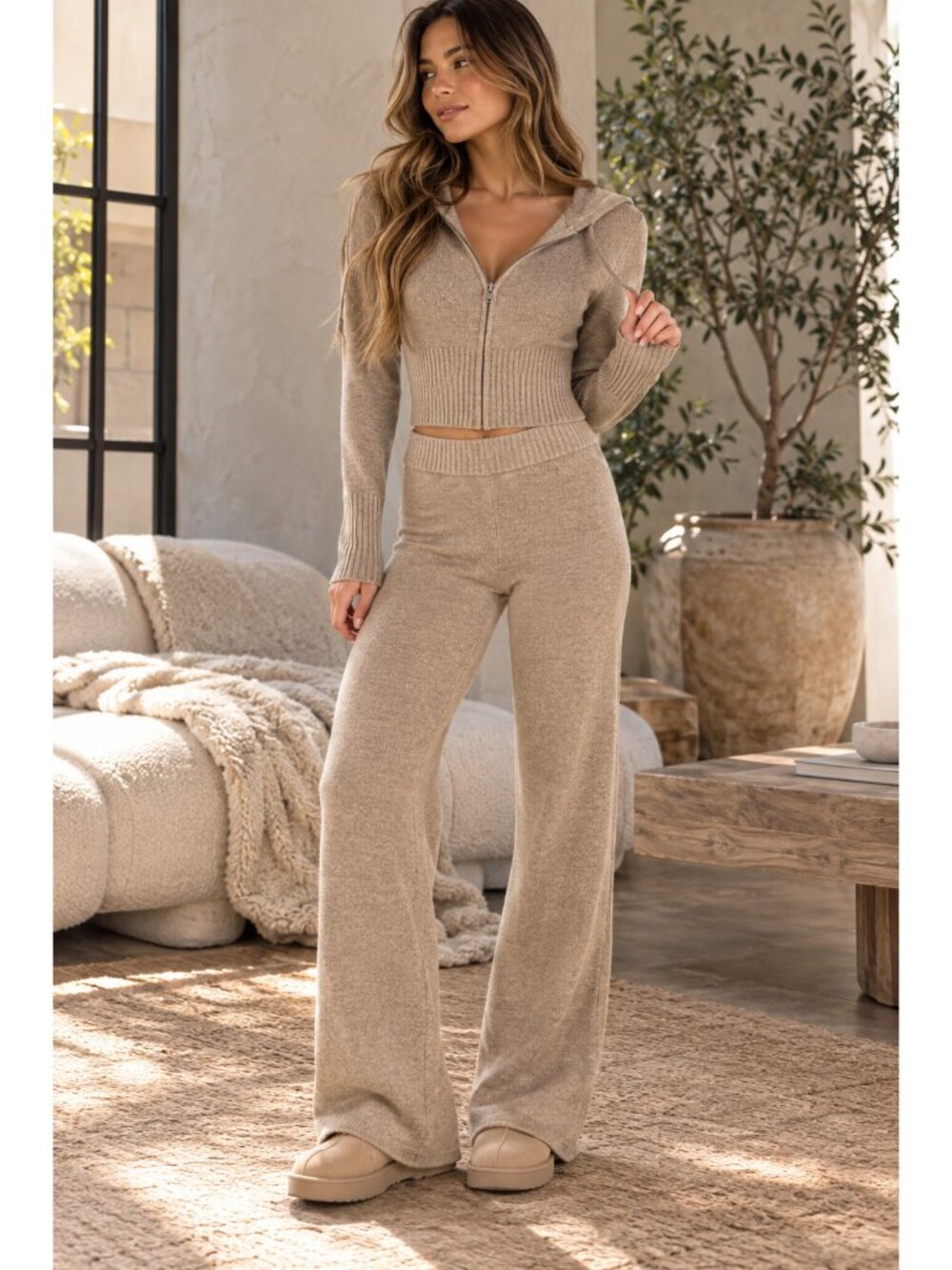 Beige Tan Soft Knit Wide Leg Pants Sweater High Rise Lounge Cozy Comfort S Fall